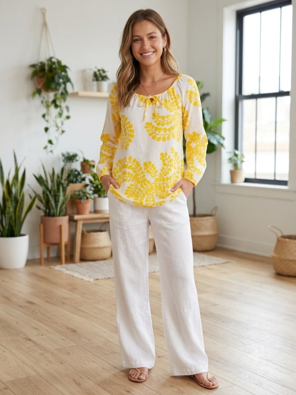 Escapada Yellow & White Botanical Print Boho Tunic Top - Size Small
